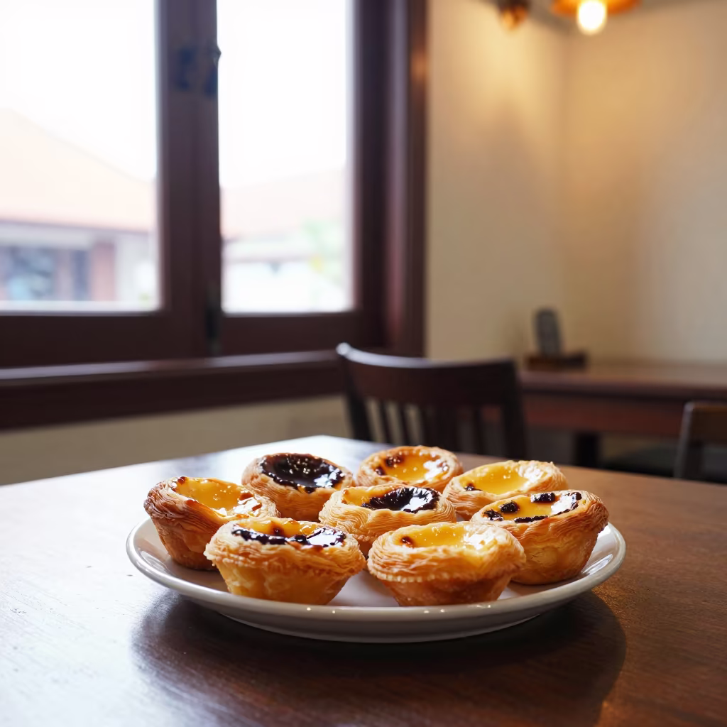 Pastel de Nata Fresh from Oven on Tea House Tray in on a tea house tray in Malacca