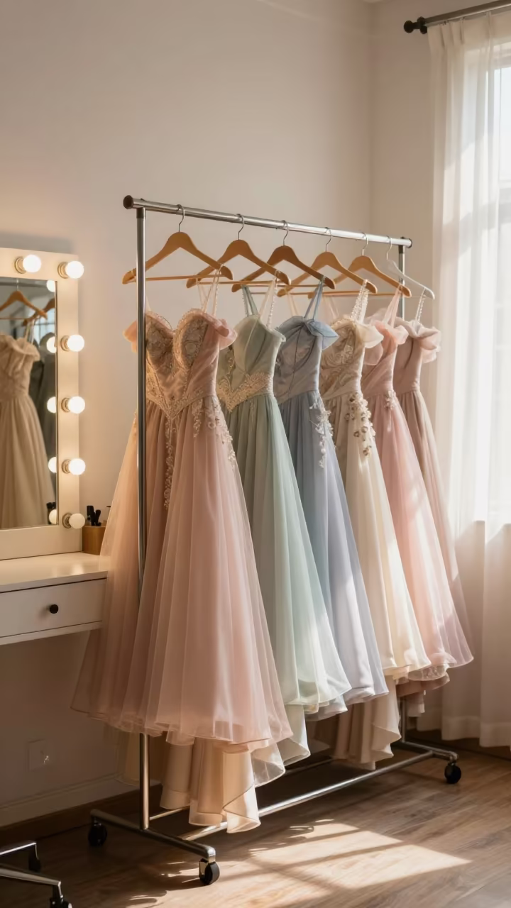 Pastel Gowns Hang in Yangshuo Salon in beside a mirror lined with makeup bulbs in Yangshuo