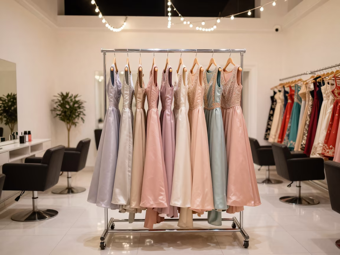 Pastel Gowns on Rack in Jaunpur Salon in under runway rehearsal lights in Jaunpur