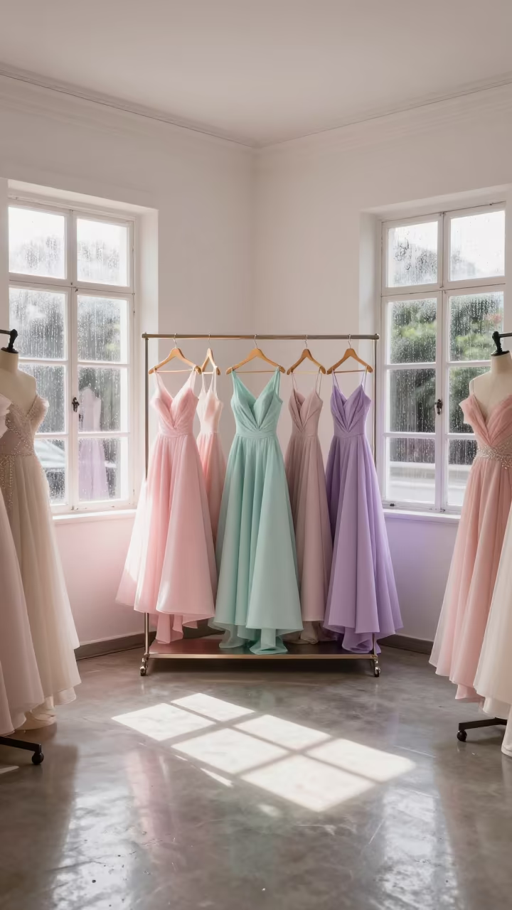 Pastel Gowns in Sao Luis Salon Symmetry in inside a couture atelier near Sao Luis