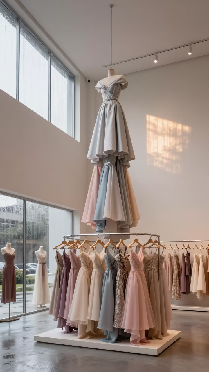 Pastel Gowns Tower in Whitewashed Salon in inside a minimalist showroom near Tarapoto