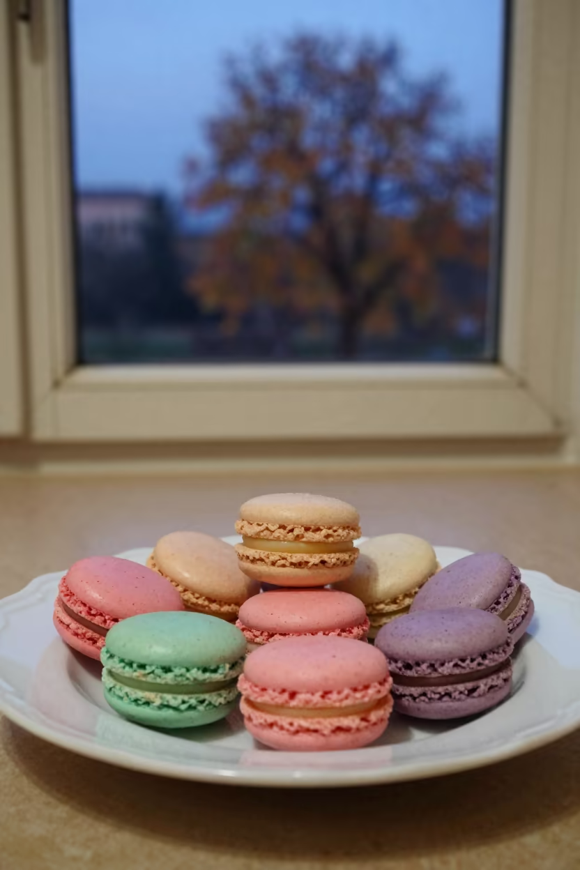 Pastel Macarons on Ceramic Plate by Larache Window in on a ceramic plate by a window in Larache