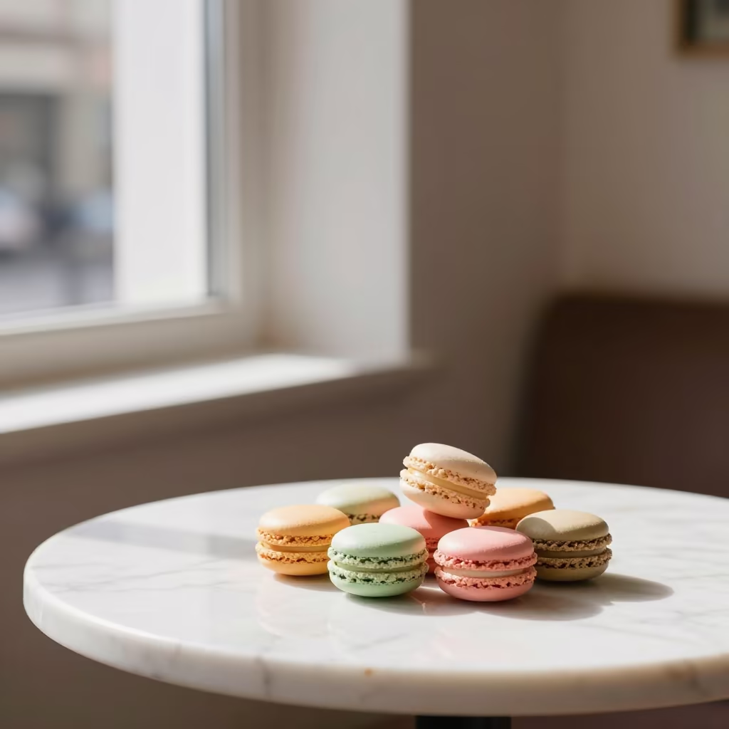 Pastel Macarons on Marble Cafe Table in on a marble cafe table in Bole, Addis Ababa