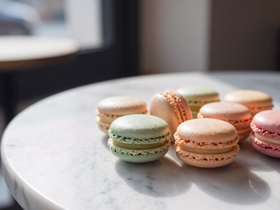 Pastel Macarons on Marble Cafe Table Nanchang in on a marble cafe table in Nanchang