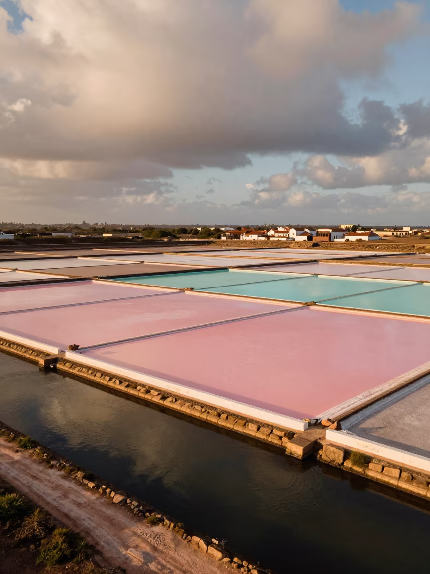 Pastel Salt Pans Aerial View Near Lisbon in high above braided river channels near Lisbon