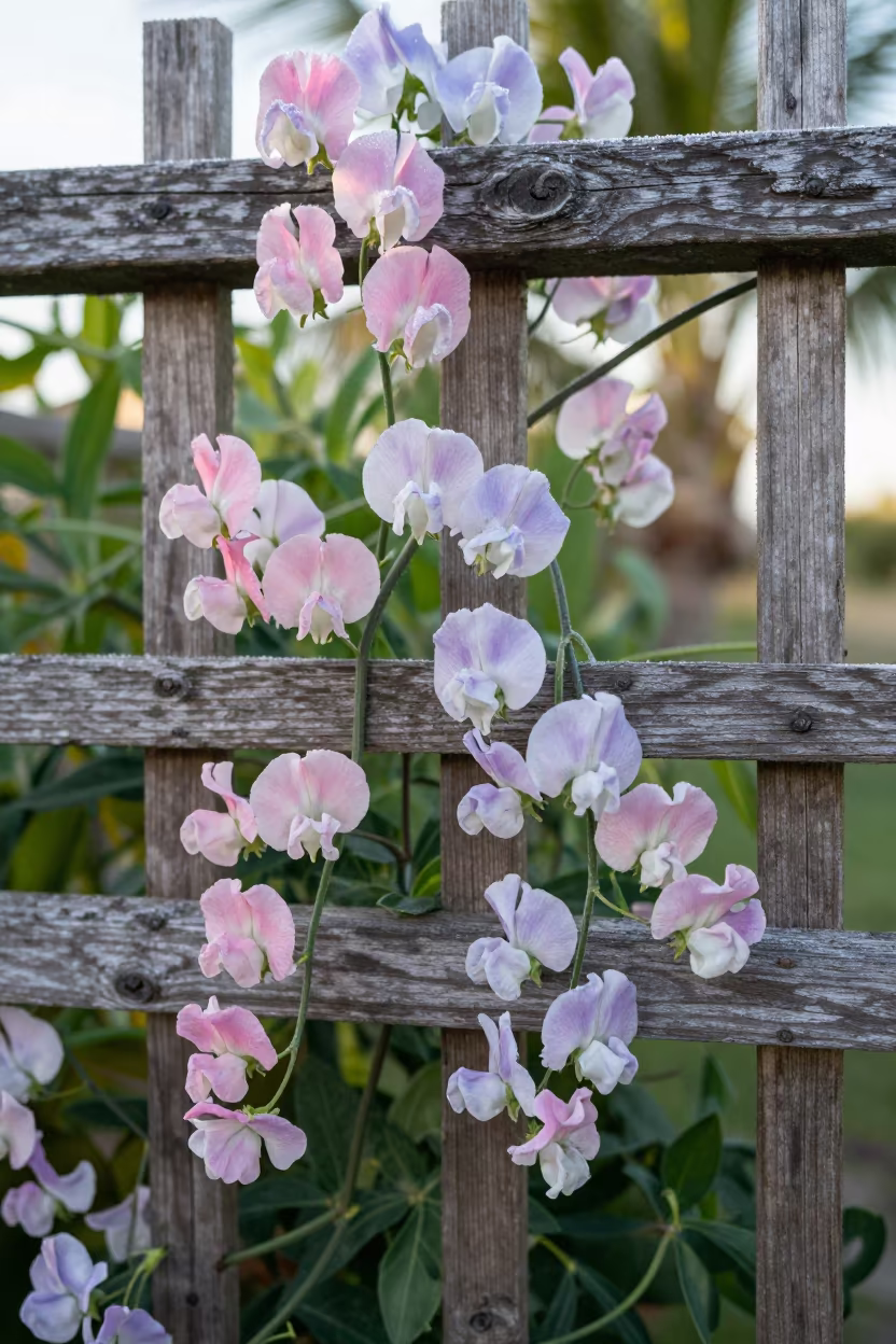 Pastel Sweet Pea Trellis in Tuscan Afternoon Frost in in Tuscany