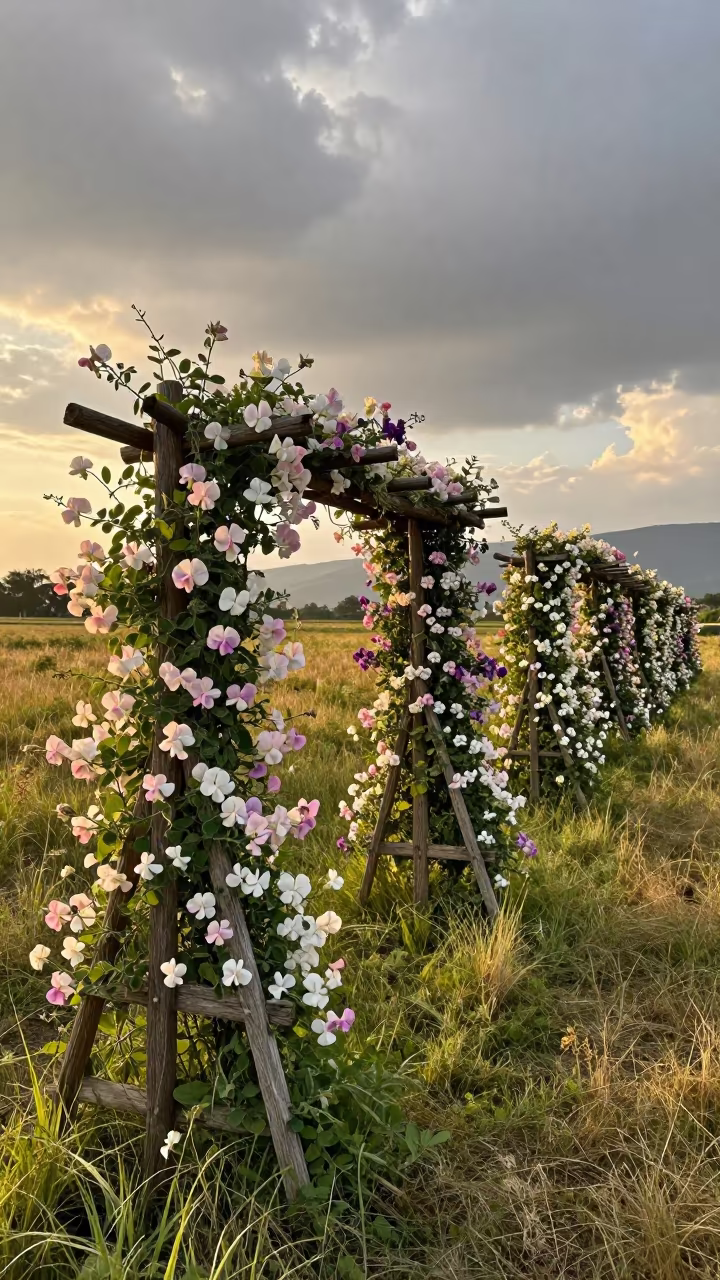 Pastel Sweet Peas on Trellis in Moshi Meadow in in a bloom-heavy meadow near Moshi