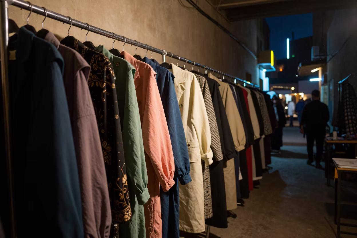Pastel Tailoring in Predawn Neon Salon in in a backstage changing corridor in Qena