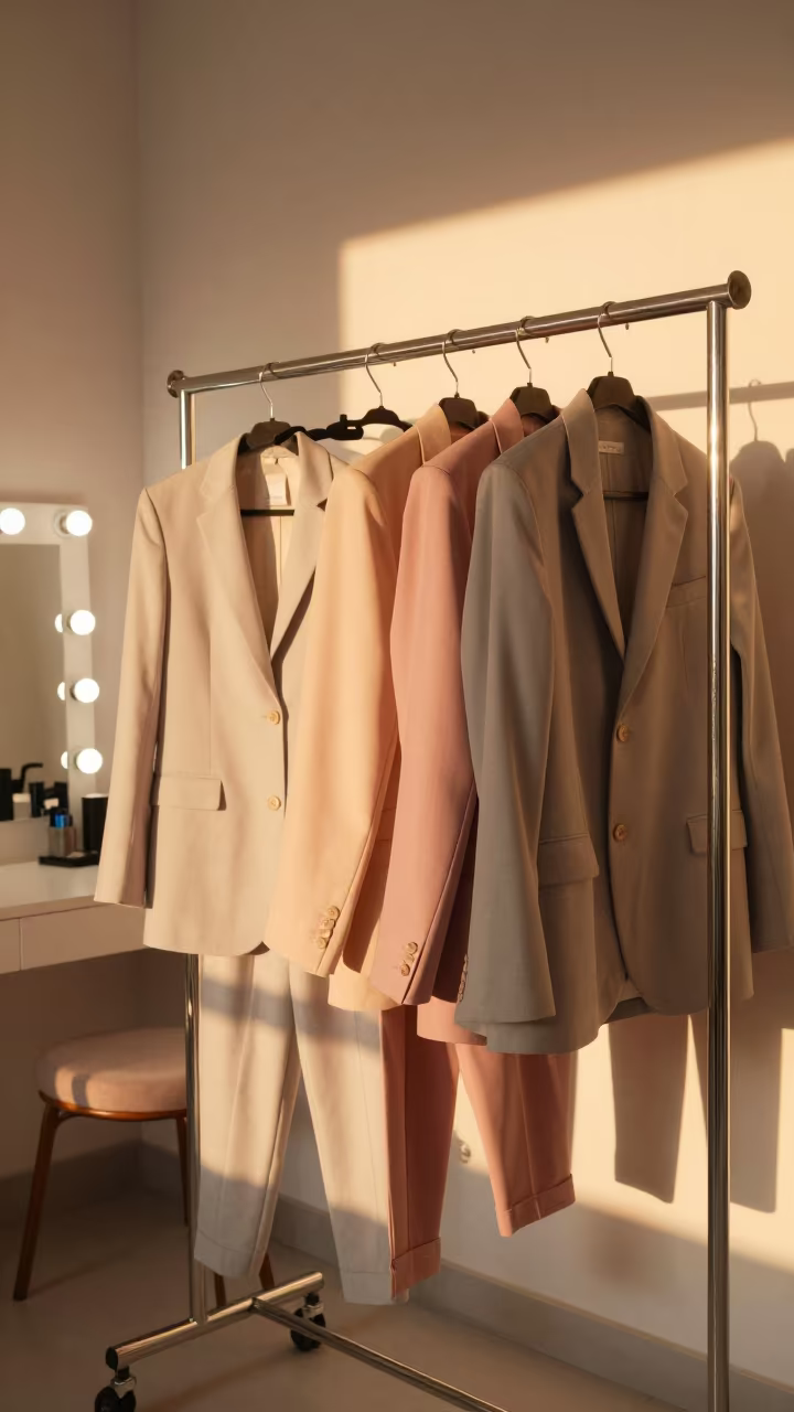 Pastel Tailoring on Rack in Peshawar Sunset Salon in beside a mirror lined with makeup bulbs near Peshawar