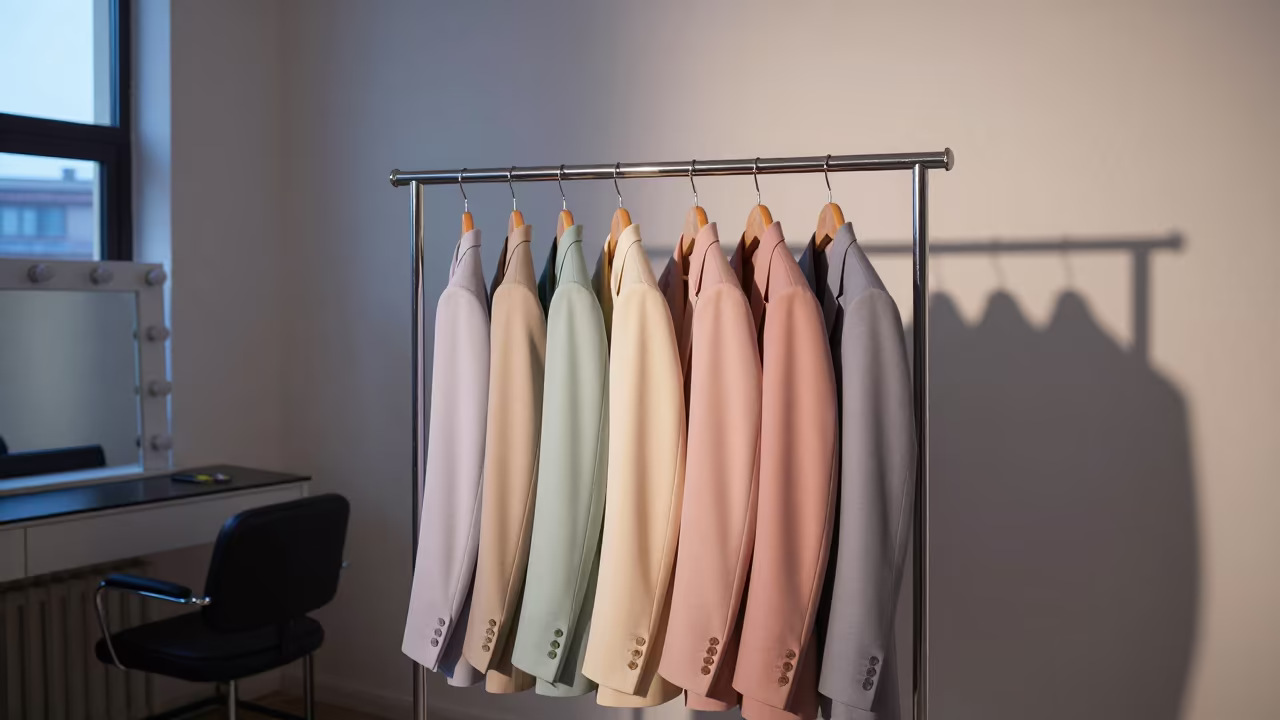 Pastel Tailoring Rack in Taiyuan Salon in beside a mirror lined with makeup bulbs in Taiyuan