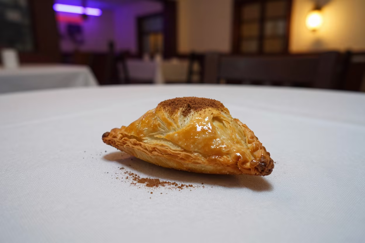 Pastilla with Cinnamon on Neon-Lit Table in on a linen-covered restaurant table in Toluca de Lerdo