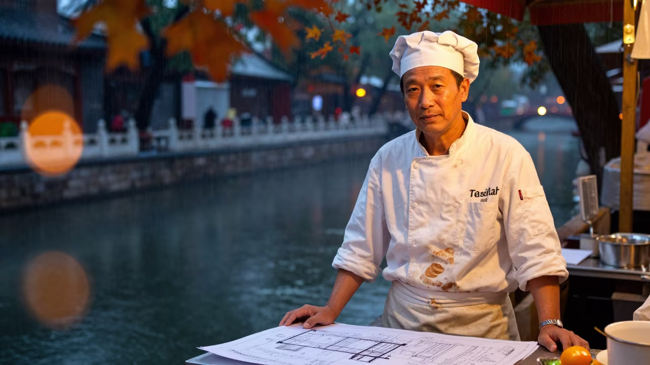Pastry Apprentice Midnight Portrait Dashilar in beside a canal in Dashilar, Beijing