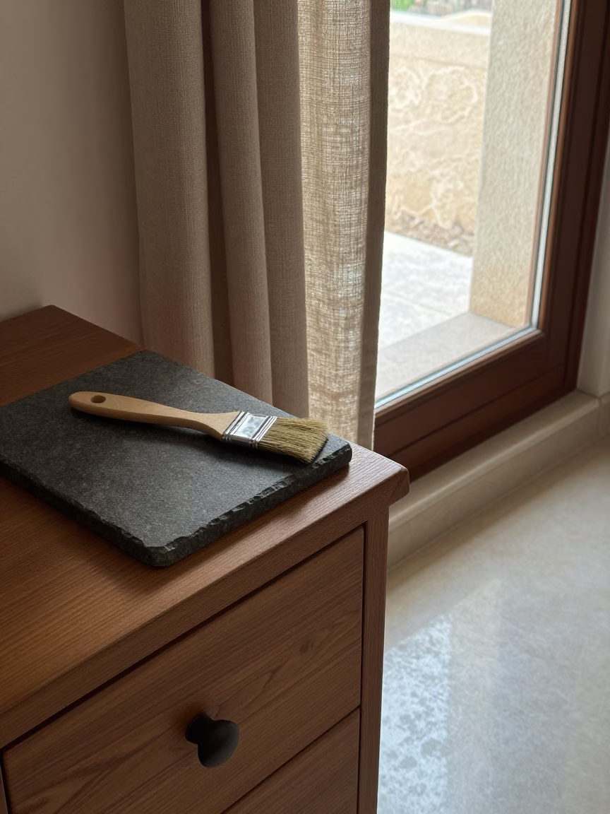 Pastry Brush on Stone Slab Near Curtained Window in on a hotel dresser near Basra