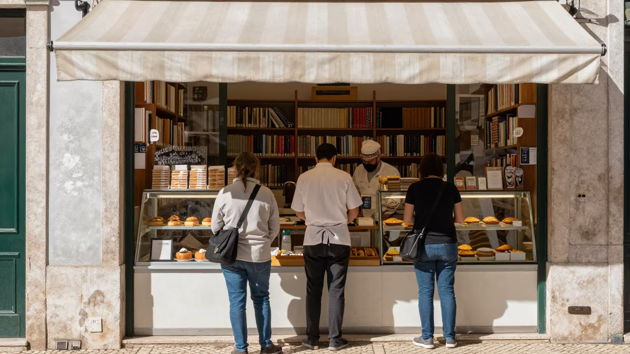 Pastry Chef Under Awning in Lisbon Library in in a library reading room in Bairro Alto, Lisbon