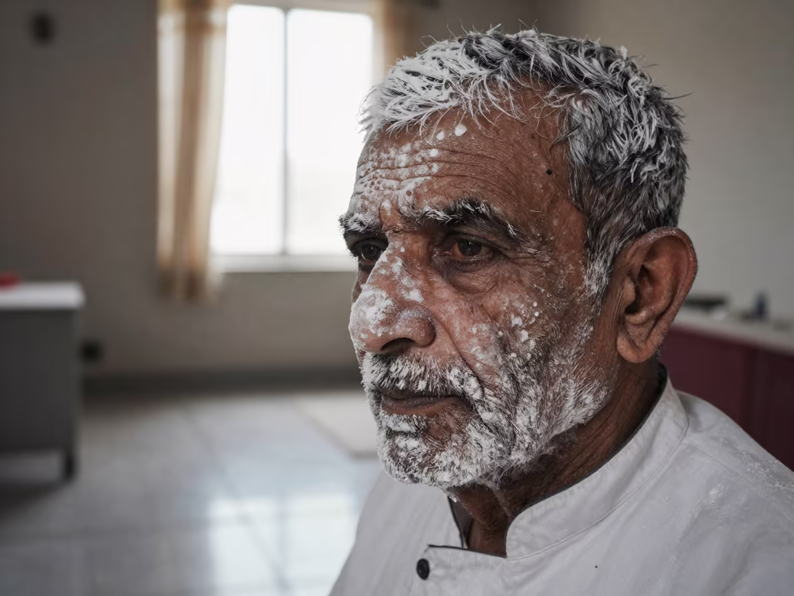 Pastry Chef Flour Dust Portrait Autumn Afternoon in beside a curtain-diffused window in Sheikhupura