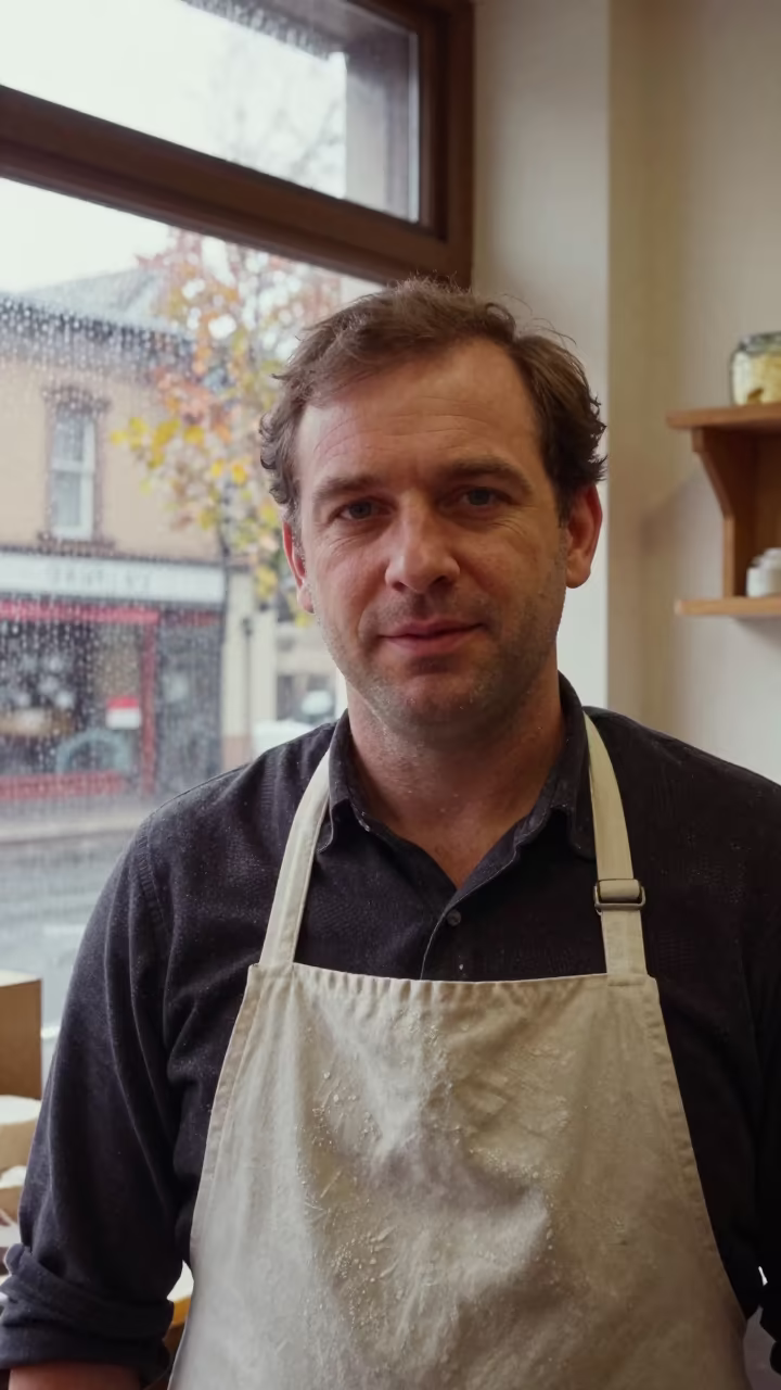 Pastry Chef Flour Dust Portrait in Victoria Shop in in a modest tailor's shop in Victoria