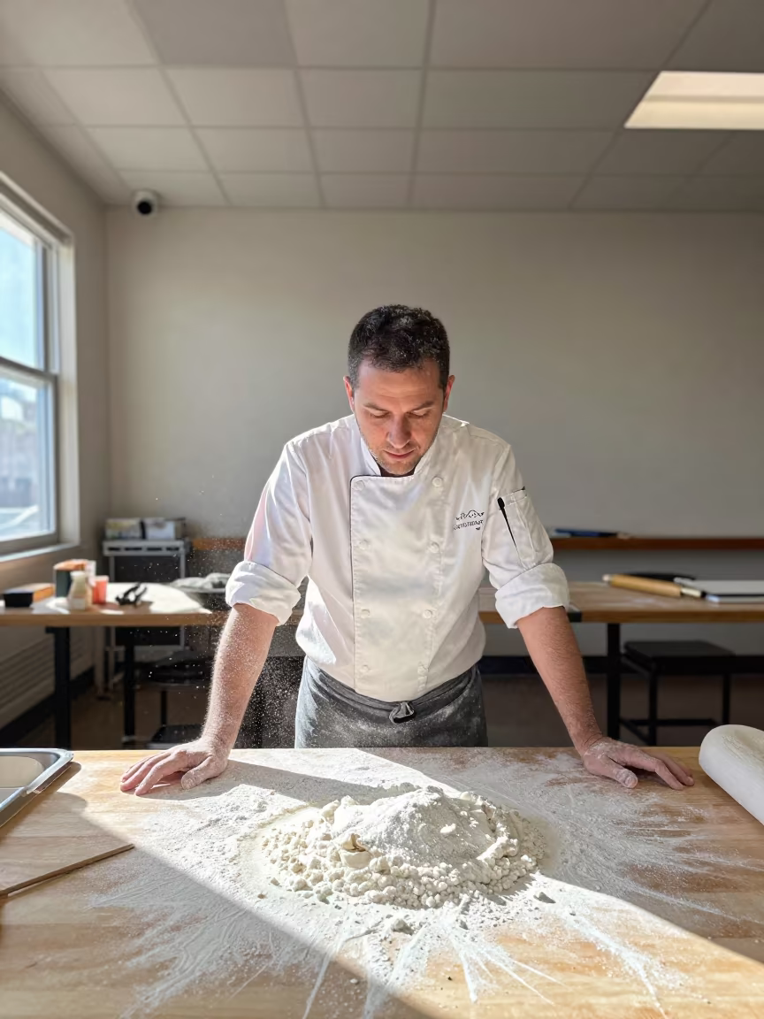 Pastry Chef Flour Dusted Portrait in Hollywood Room in inside a quiet rehearsal room in Hollywood, Los Angeles