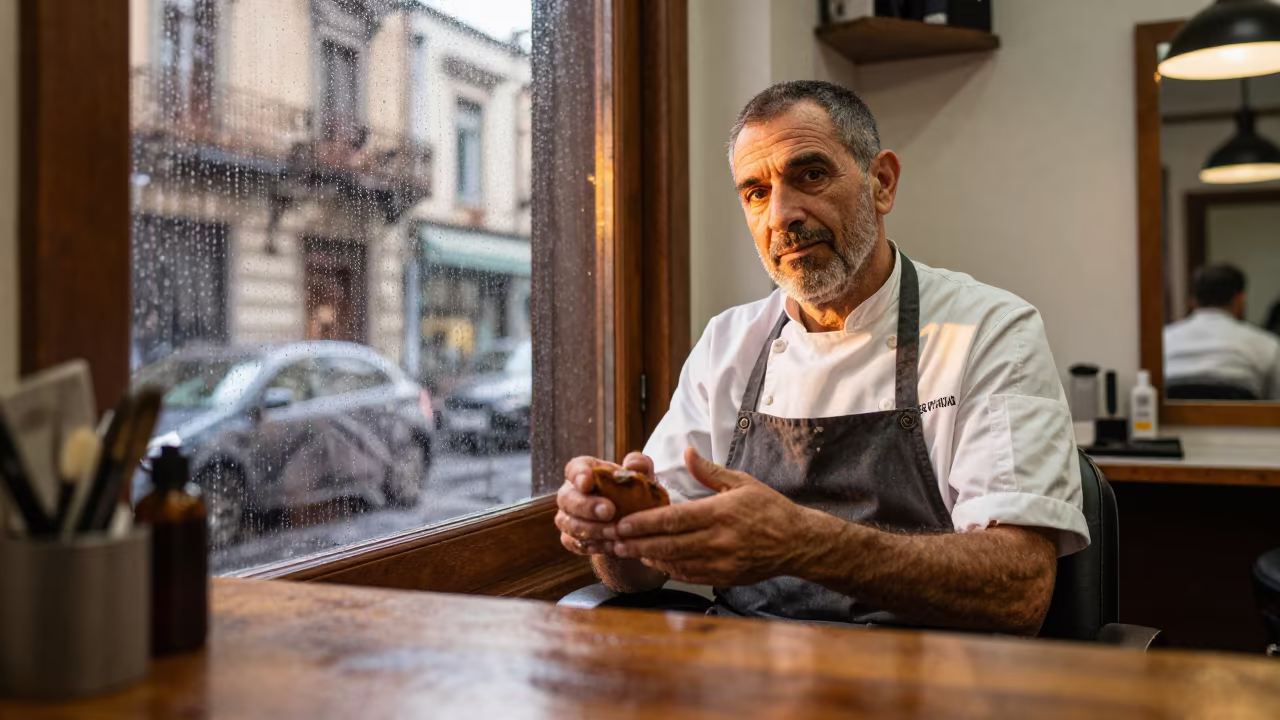 Pastry Chef Hands at Dawn Window in inside a small barber shop in Palermo Soho, Buenos Aires