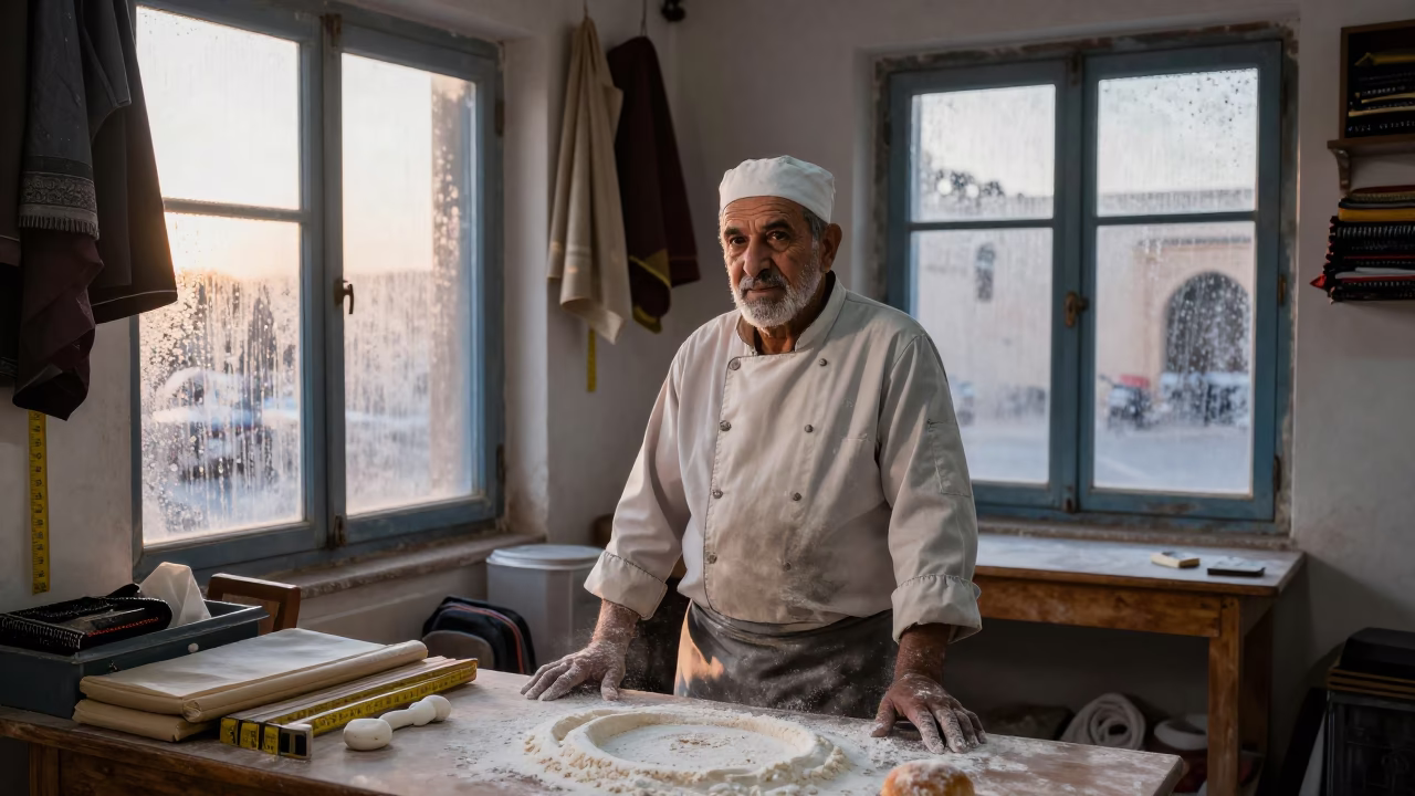 Pastry Chef in Khenifra Tailor Shop Morning Light in in a modest tailor's shop in Khenifra