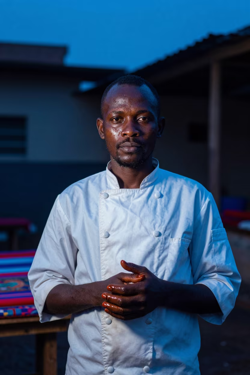Pastry Chef with Lacquer Fingertips in Conakry Atelier in inside a textile atelier in Conakry