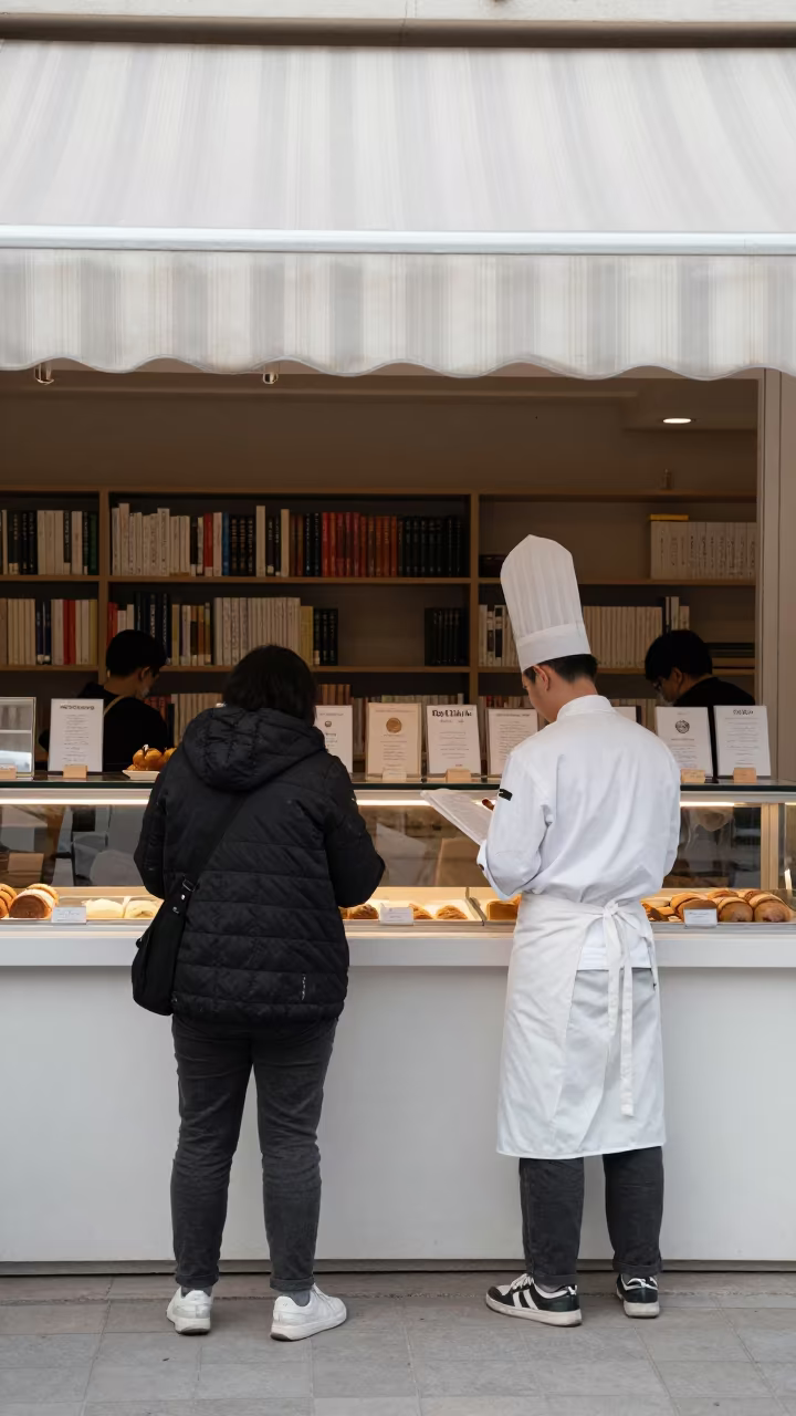 Pastry Chef Shadowed by Awning in Library Reading Room in in a library reading room in Jinan