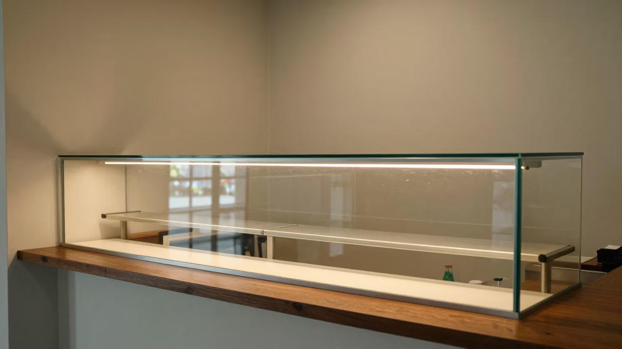 Pastry Warmer Shelf at Reception Desk in at a reception desk under warm light near San Jose Costa Rica