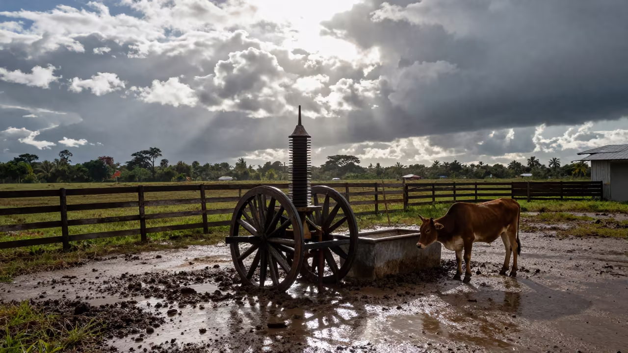 Pasture Reel Bin Near Windbreak Honduras Noon in near a windbreak and water trough in Honduras