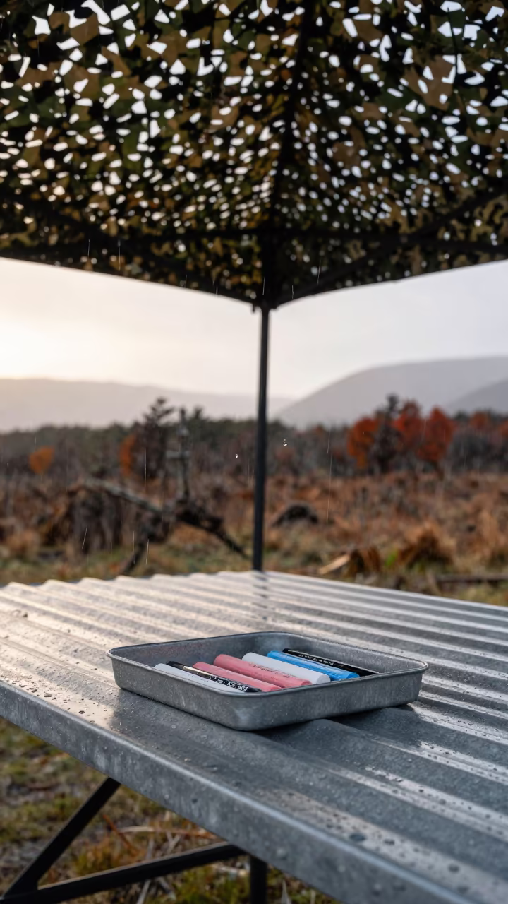 Patagonia Convoy Chalk Tray in Dawn Rain in beneath a camouflage net shelter in Patagonia