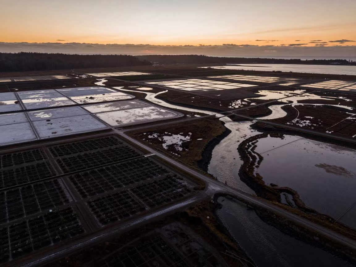 Patagonia Salt Marshes Tidal Creeks Winter Sunset in far above orchard blocks and irrigation lines in Patagonia