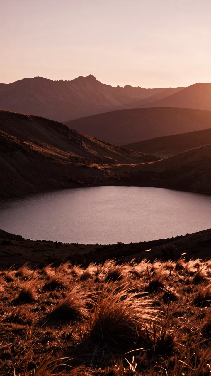 Patagonian Cirque Lake Silhouette Before Dusk in from a ridge above layered foothills in Patagonia
