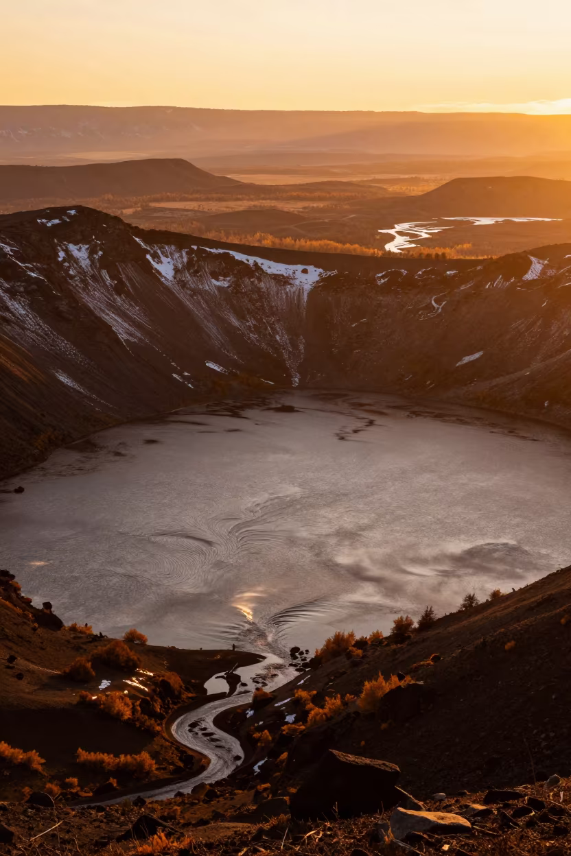 Patagonian Volcanic Crater Lake Sunset in high above braided river channels in Patagonia