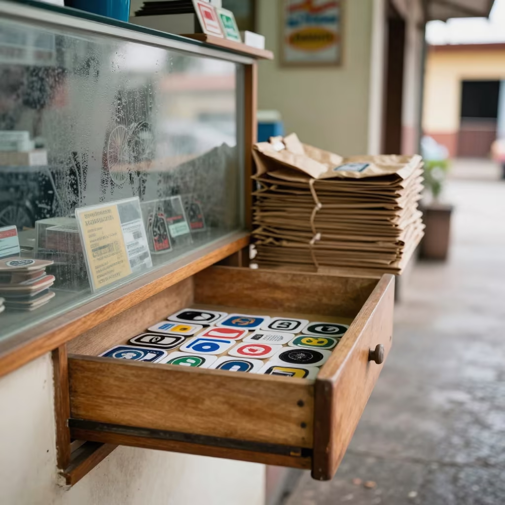 Patch Sample Drawer Before Busy Service Counter in at a cash wrap counter with bags stacked nearby near Barquisimeto