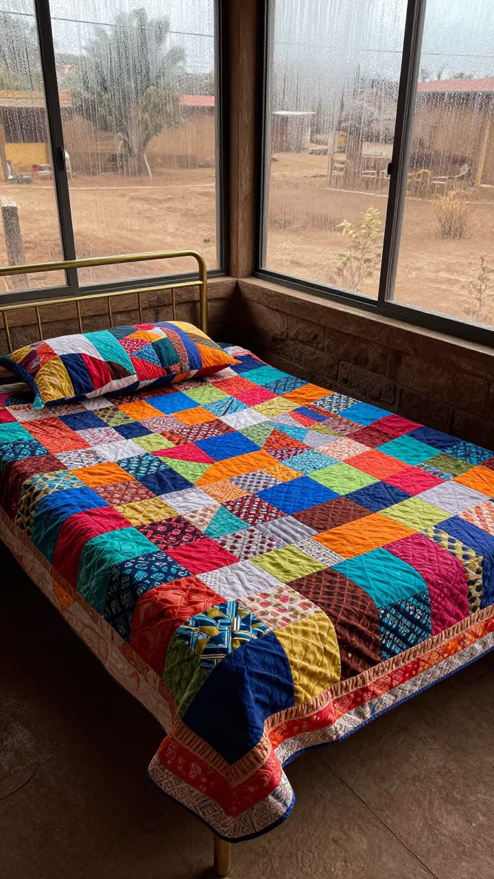 Patchwork Quilt on Brass Bed Frame Kano Porch in on a porch with a rocking chair in Kano