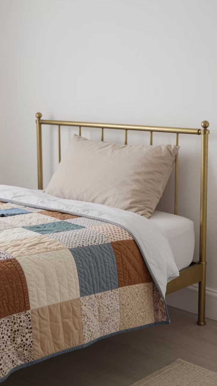 Patchwork Quilt on Brass Bed Near San Luis in on a reading nook cushion near San Luis