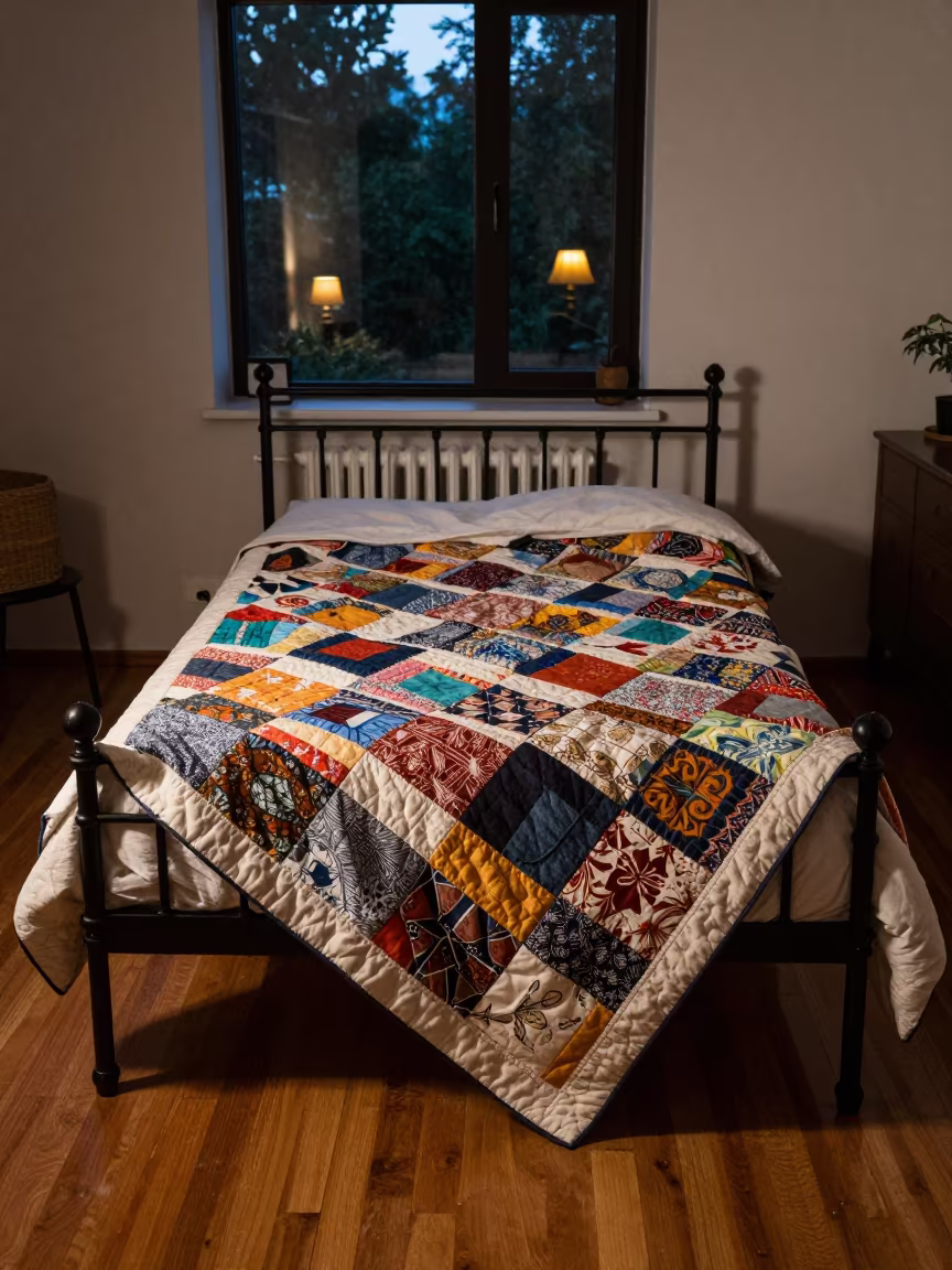 Patchwork Quilt on Iron Bed in Samsun Room in in a sunlit living room in Samsun