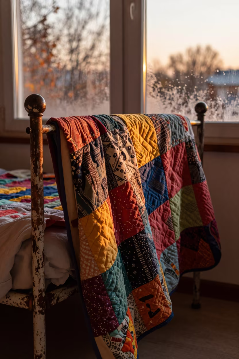 Patchwork Quilt on Iron Bed in Tekirdağ in in a candlelit bedroom near Tekirdağ