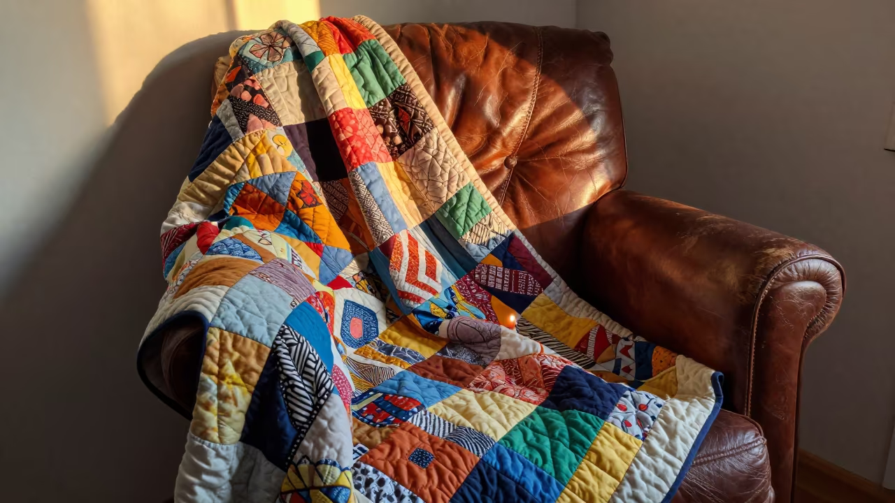 Patchwork Quilt on Leather Chair Szeged in on a worn leather armchair in Szeged
