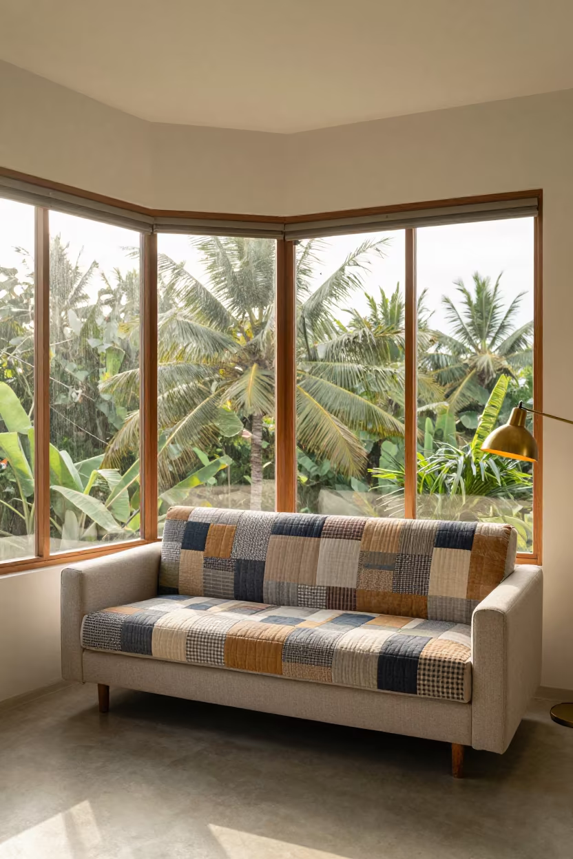 Patchwork Quilt on Sofa in Lombok Bay Window in in a sunlit living room in Lombok