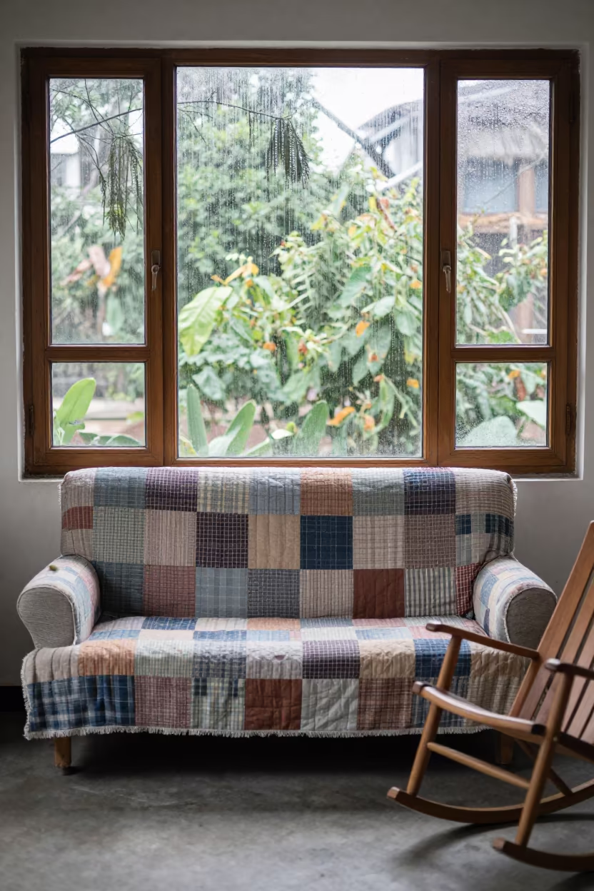 Patchwork Quilt Sofa by Bay Window Porch in on a porch with a rocking chair in People's Park, Chengdu
