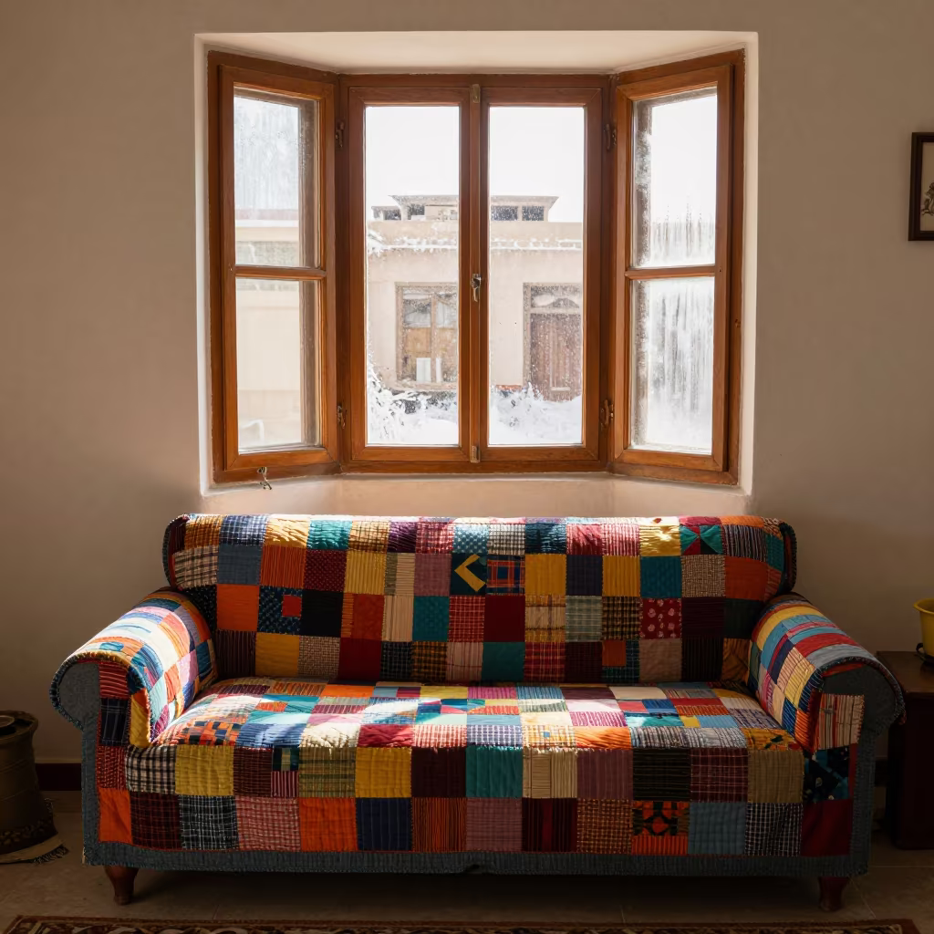 Patchwork Quilt Sofa by Winter Bay Window in in a sunlit living room in Mallawi