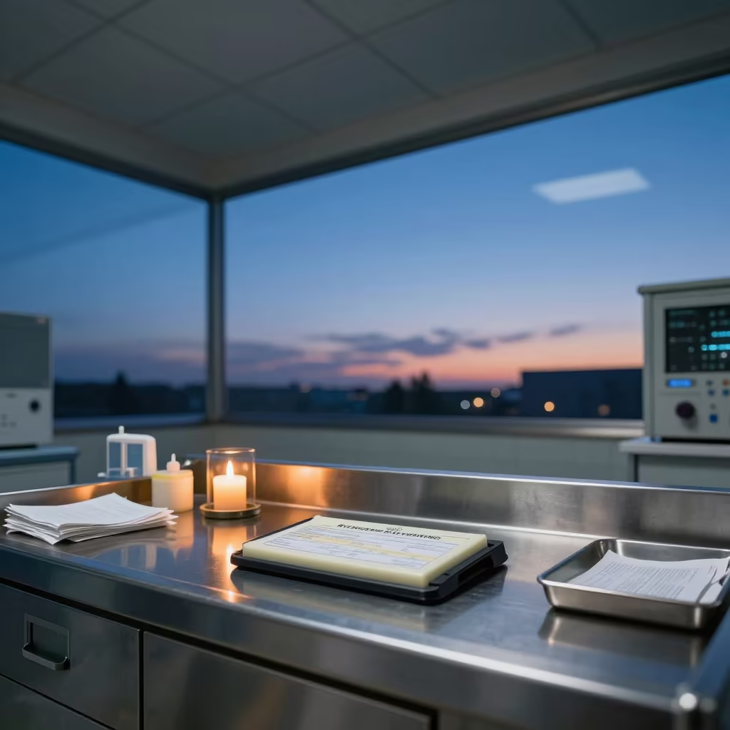 Pathology Stamp Pad in Oumé Clinic Twilight in in a surgical prep area in Oumé