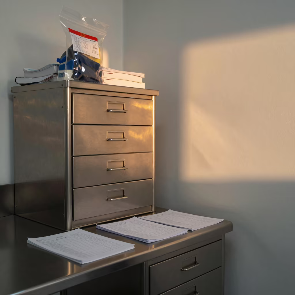 Patient Belongings Bag Drawer in Havana Clinic in inside a clinic exam room in Havana