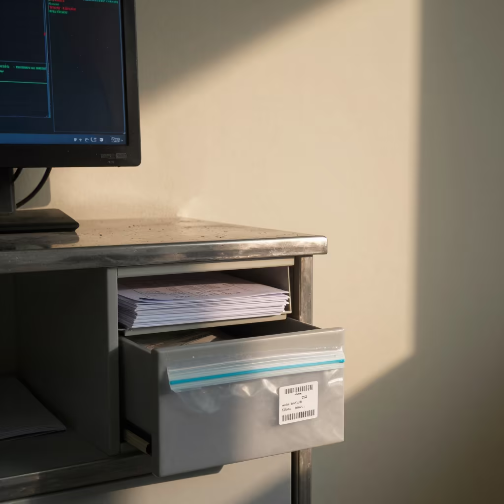 Patient Belongings Bag Drawer Nurse Station Mumbai in at a nurse station under monitor glow in Juhu, Mumbai
