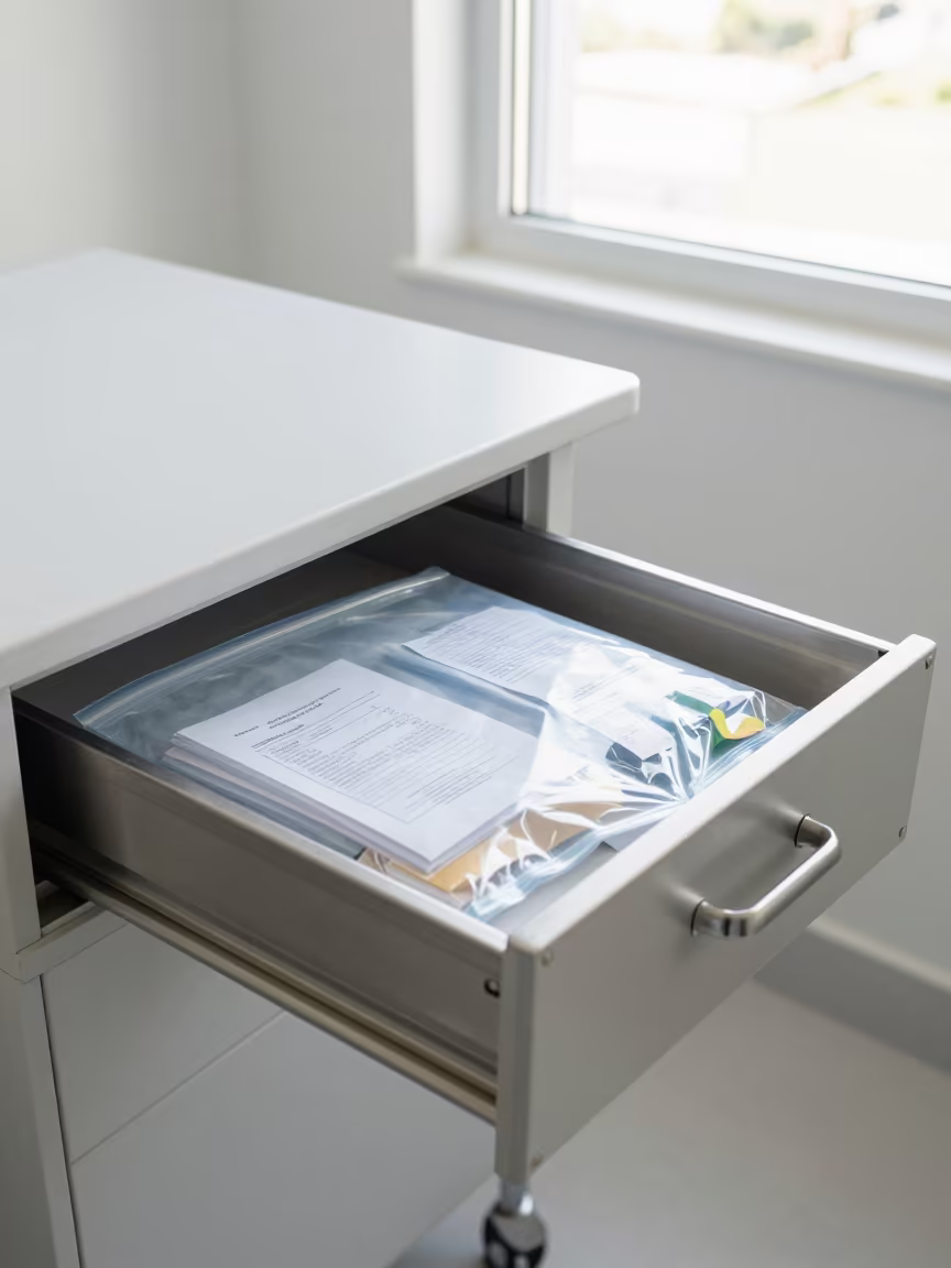 Patient Belongings Sealed in Clinic Drawer Cape Town in inside a clinic exam room in Cape Town