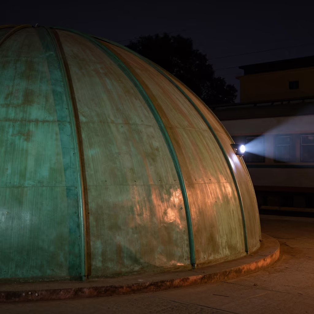 Patina Green Copper Blush Dome Jhelum Night in inside a restored train terminal in Jhelum