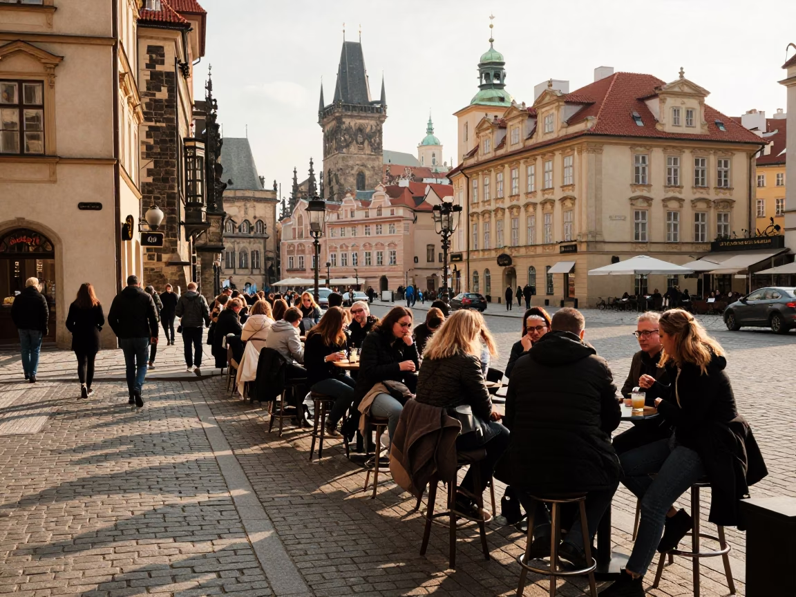 Patrons in Prague at Late Afternoon Light in in Prague, Czech Republic