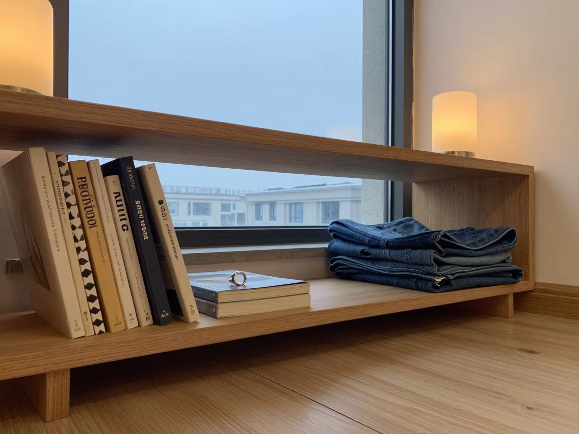 Pattern Books and Denim on Atelier Shelf at Dawn in under runway rehearsal lights in Zhengzhou