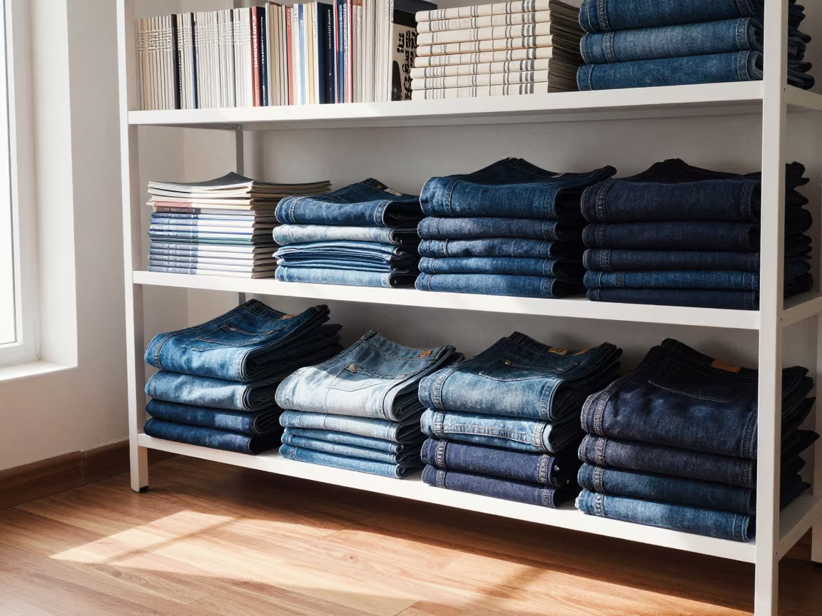 Pattern Books and Denim on Atelier Shelf in inside a couture atelier in Ichalkaranji