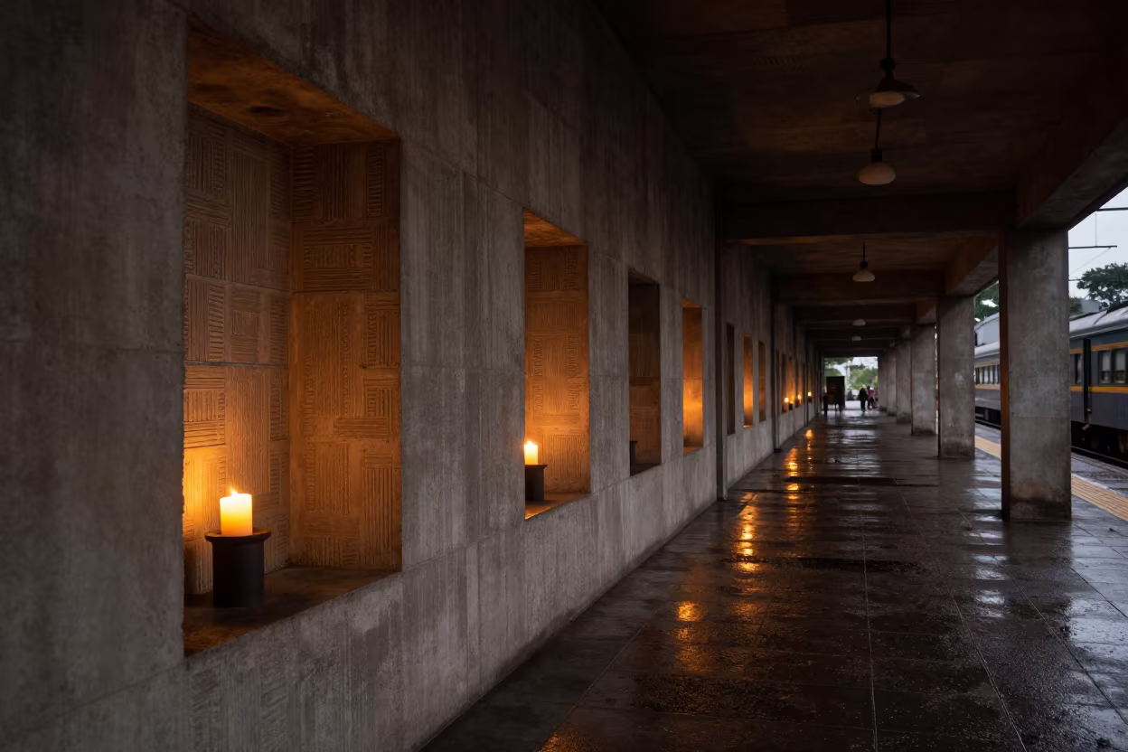 Patterned Concrete Block Candlelit in Palembang Terminal in inside a restored train terminal in Palembang