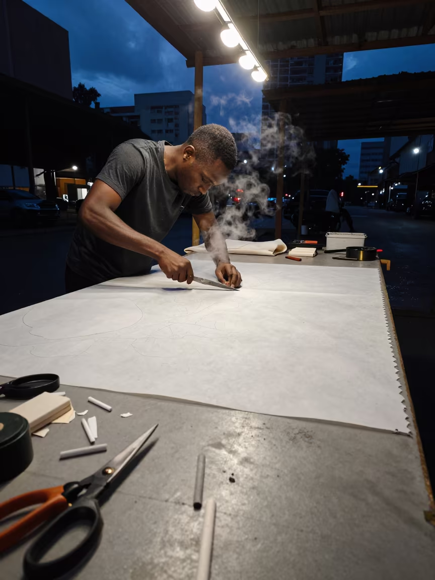 Patternmaker Cutting Muslin in Brazzaville Studio in at a tailoring table strewn with chalk and shears in Brazzaville